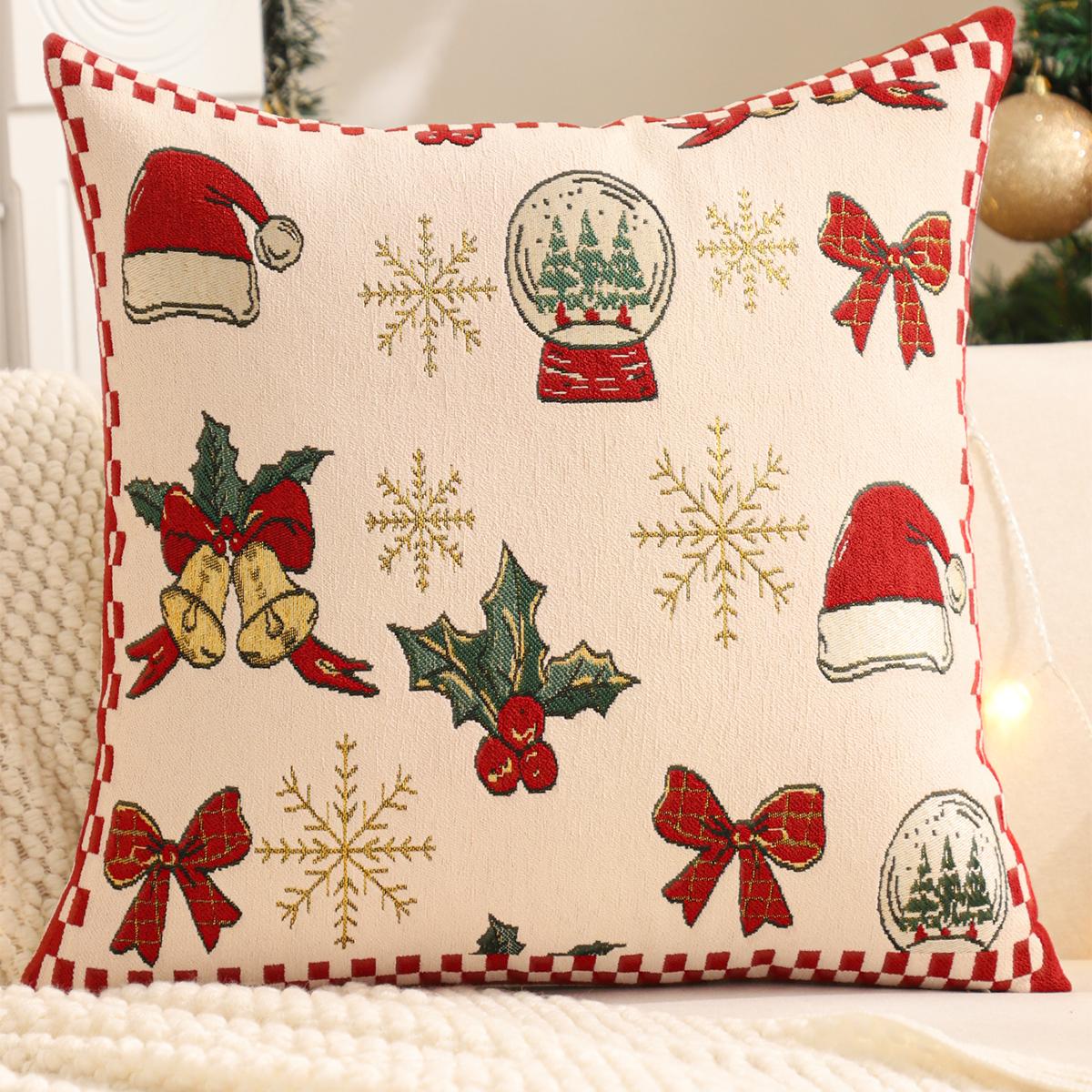Jacquard Embroidered Square Throw Pillow Cover 18x18 Inch Invisible Zipper American Christmas Linen Tree Snowflake Winter 18*18 IN