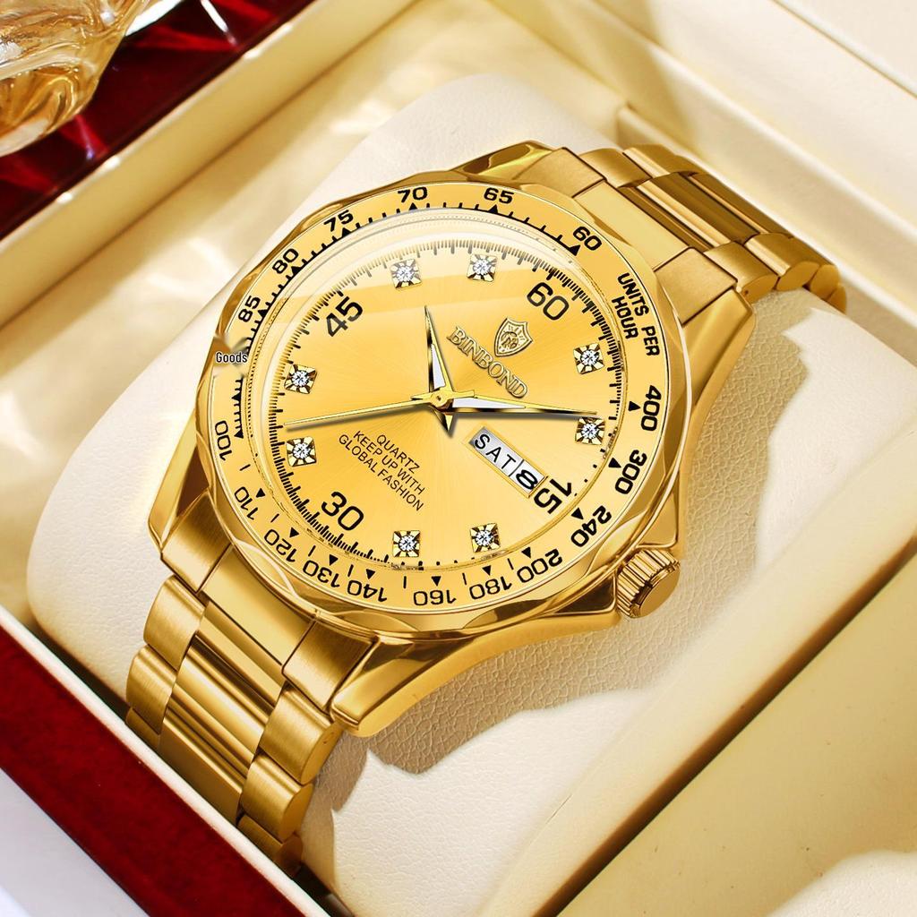 Binbang Men's Green Submariner Quartz Watch, Double Calendar, Steel Band, Business Waterproof.