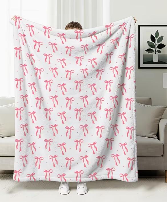 Flannel Pink Bow Soft Cozy Plush Blanket Christmas Tree Winter Warm Fleece Throw for Couch Bed Fluffy Comfortable Decorative