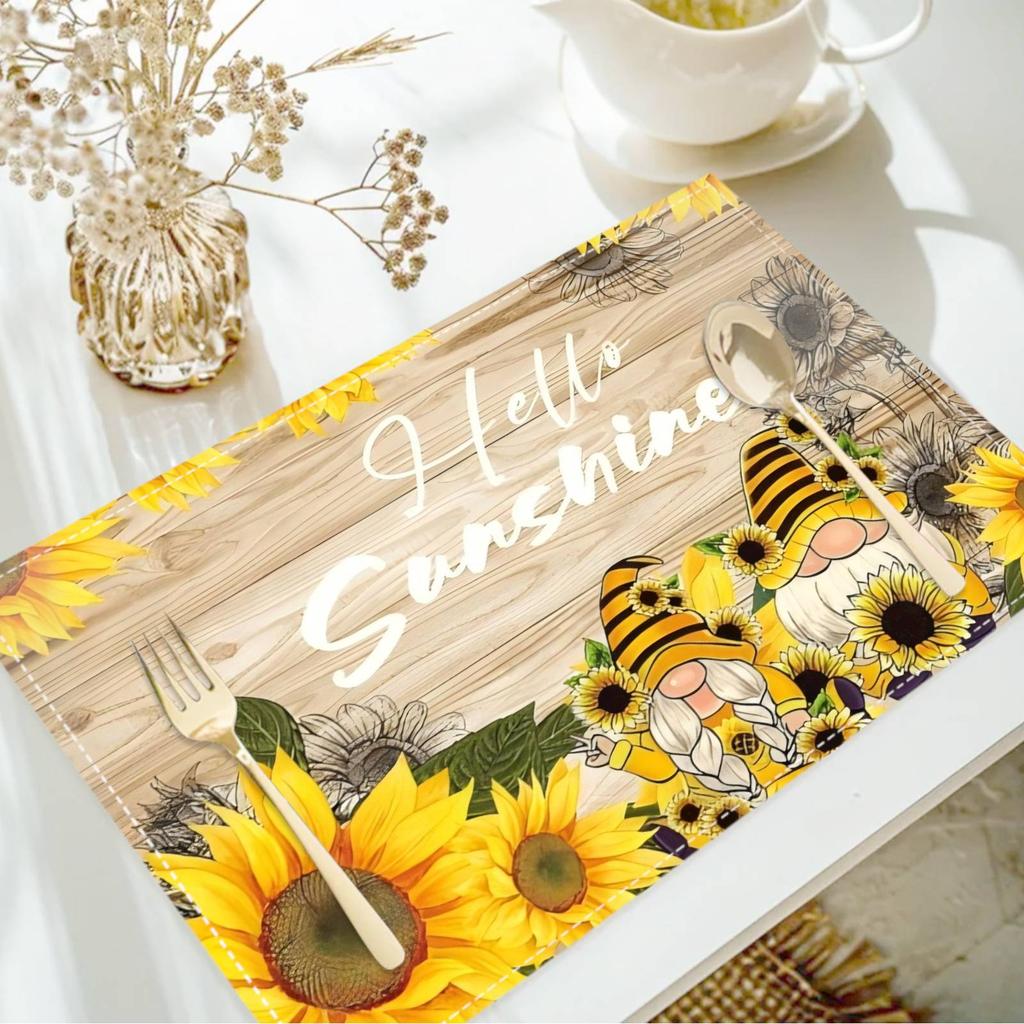 4pcs/1 Set Linen Placemats, Sunflower and Gnome Design Placemats, Table Decor, Home Decor,Party Catering Decor, Holiday Placemats,12x18 Inch Placemats