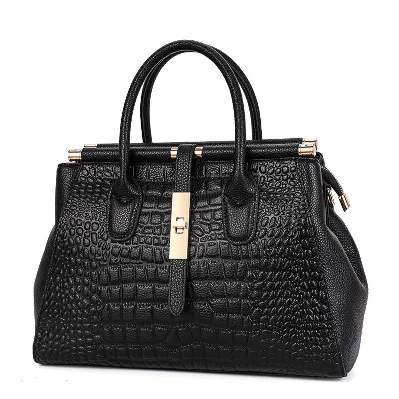 Aidrani  Genuine leather women s handbag, large capacity crocodile patterned cowhide bag, black