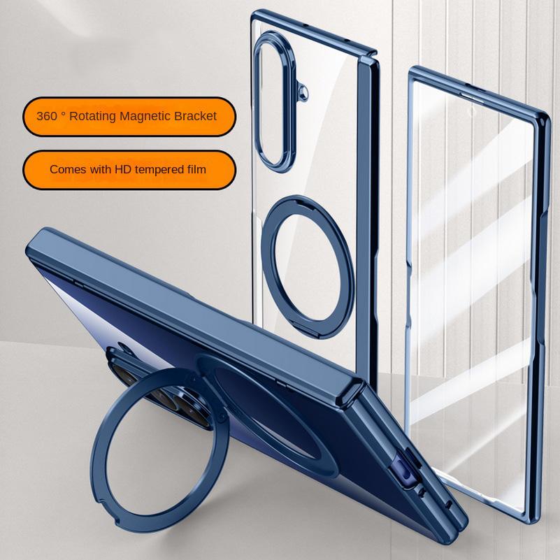 Metal Ring Holder Magsafe Magnetic Phone Case for Samsung Galaxy Z Fold 7 Spring Hinge with Tempered Glass Film Protection Cover