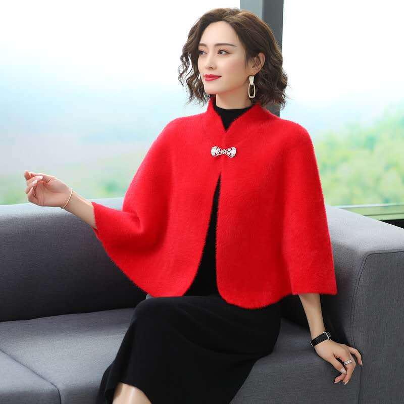 2024 Winter Elegant Loose Batwing Cloak: Fashionable Solid Color Short Shawl for Moms
