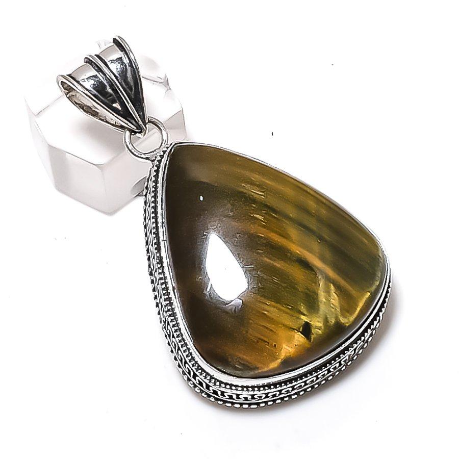 Natural Tiger Eye Gemstone 925 Sterling Silver Jewelry Pendant 2.17" K5R14