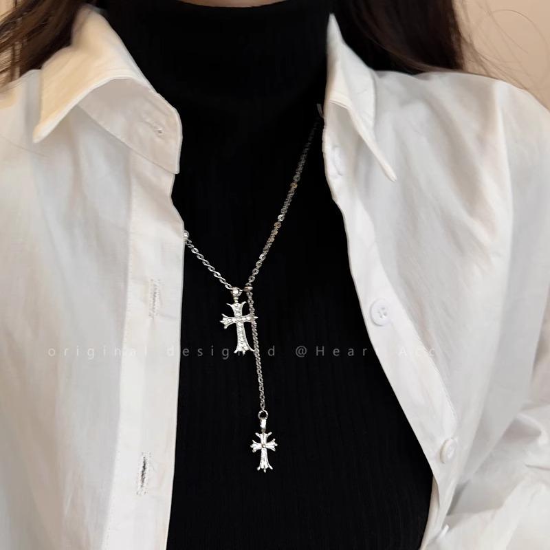 Double Cross Pendant Necklace Female Long Hip-hop Autumn and Winter Sweater Chain Fashionable and Simple Couple Sweater Chain with Accessories