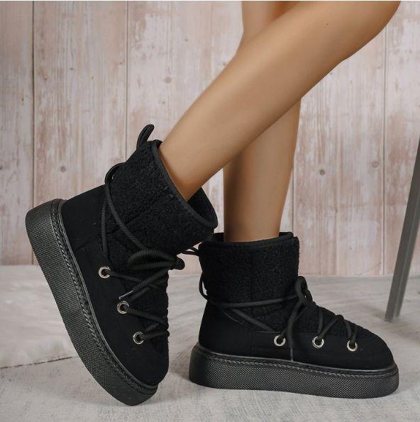 Women's Mid-Calf Winter Boots - Over-the-Knee Warm Boots Plus Size with Thick Sole Design Cross-Strap Snow Boots