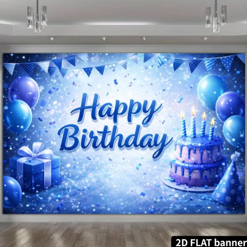 2D Happy Birthday Light Blue Glitter Backdrop Banner Party Photo Background