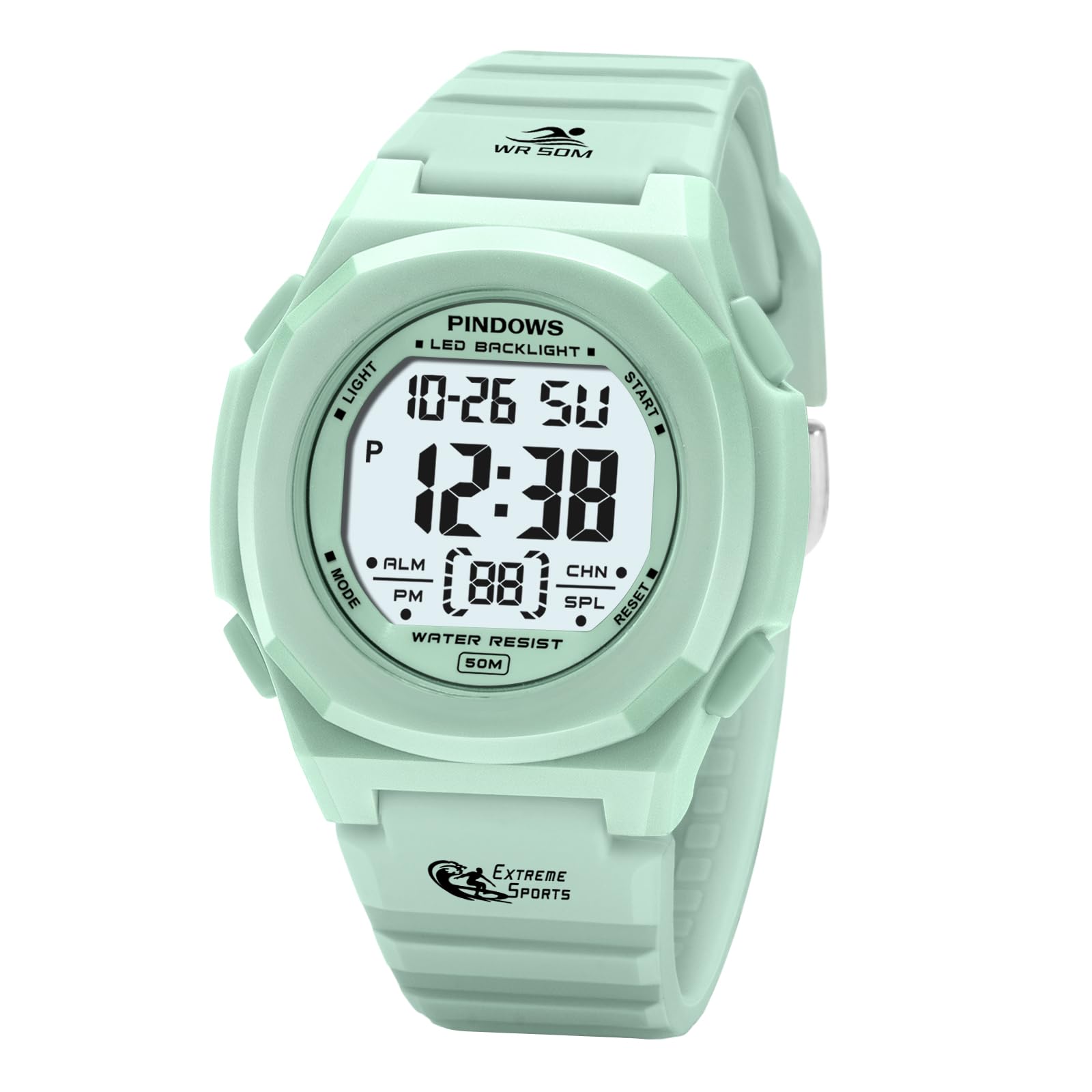 

The PINDOWS digital sports watch is water resistant to 50 meters and features an LED alarm and It makes a perfect gift for any women s backlight, зелений