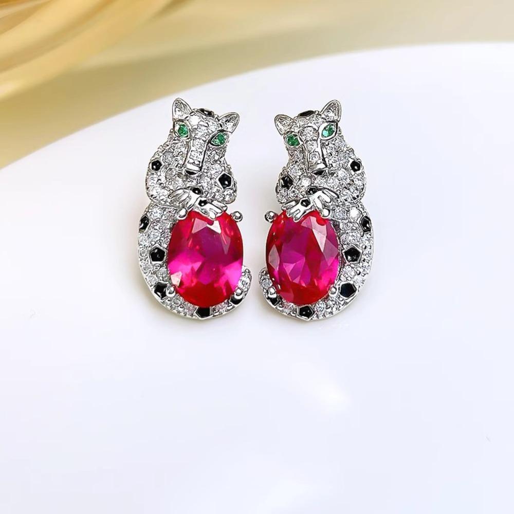 Fashionable Retro Leopard Earrings with High Carbon Diamond and Gorgeous Emerald Pigeon Blood Red Gems