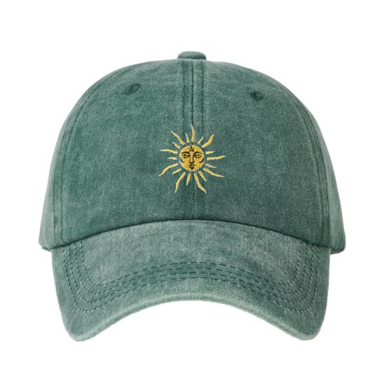 Embroidery Sun Pattern Baseball Hat, Adjustable Back Buckle Retro Distressed Style Baseball Cap, Washed Cotton Fabric Outdoor Sunshade Cap