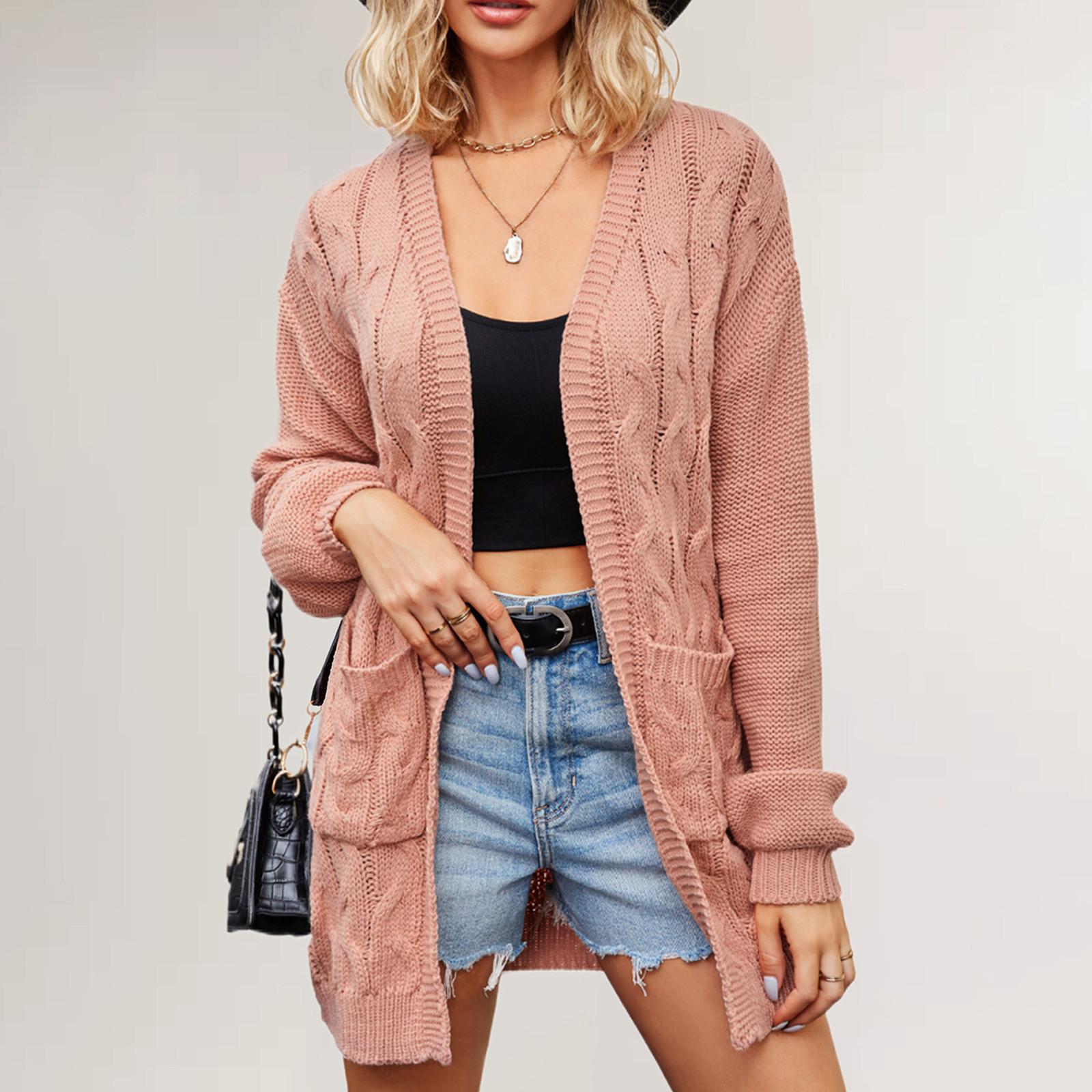 

И Зимний Кардиган с Тестом и Переплетениями Свободный Свитер Средней Длины Европейская И Американская Женская Одежда XL розовый