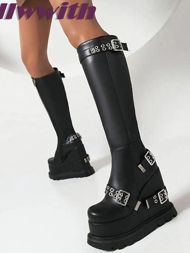 Fashion Metal Belt buckle zipper Solid Black height increasing Ladies New Boots round Toemid calf winter UniqueShoes