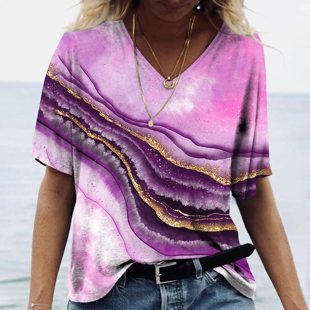 Summer V-neck 3D Marble Pattern Printed Top Fashionable Casual Short Sleeved Women's T-shirts