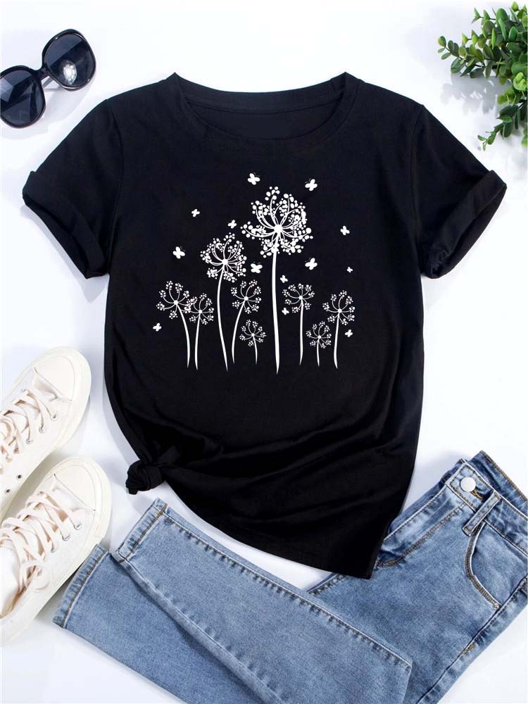 T Shirt Summer Graphic Maycaur Dandelion Printed Tshirts Women Tee Shirt Round Neck Harajuku Top Shirts for Women Streetwear S