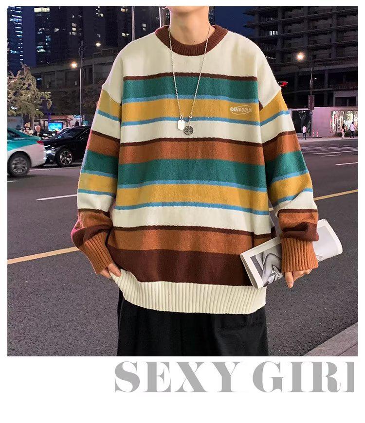 Men's Retro Color-Blocked Striped Sweater - Soft, Cozy, Loose-Fit Knitwear for Autumn/Winter Casual Wear