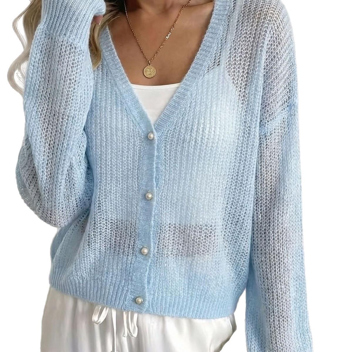 

2026 Women s Lightweight Knitted V-neck Long Sleeve Korean Style Hollow-out Top for Plus Size 2XL небесно-голубой