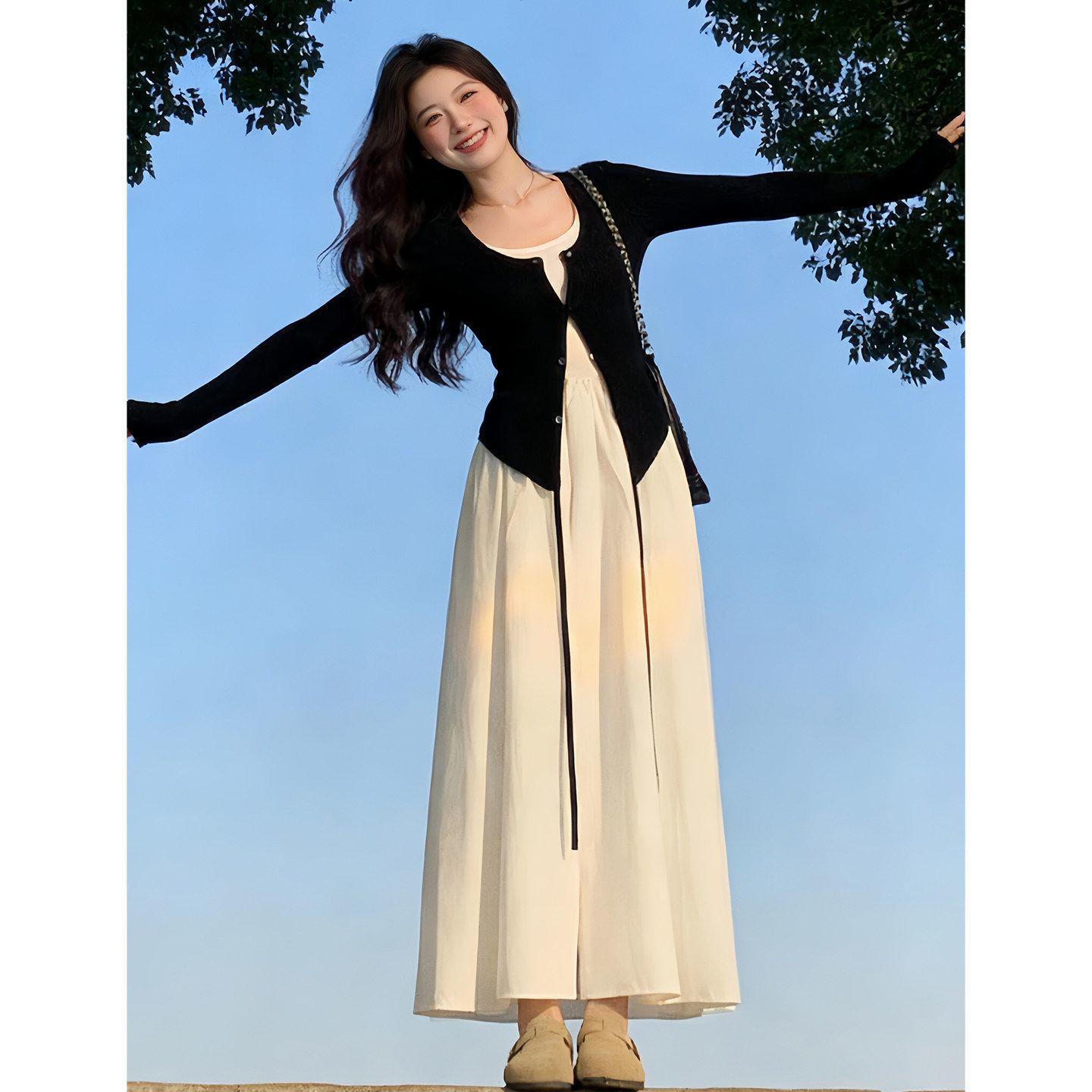 

Spring 2026 OOTD: Two-Piece Set with Irregular Long Skirt, Cardigan, and White Camisole Dress S (Recommended 80-100 lbs)