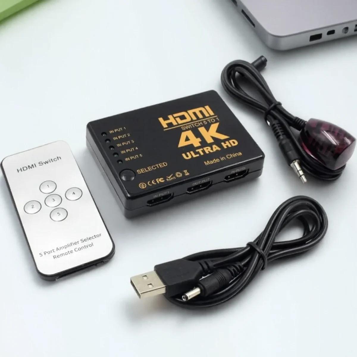 

Переключатель HDMI 5 входов 1 выход 4K Ultra HD 1080p Full HD 3D Автоматический блок переключения Аудиовидеоадаптер для ТВ ПК Ноутбука Потоковых устройств чёрный