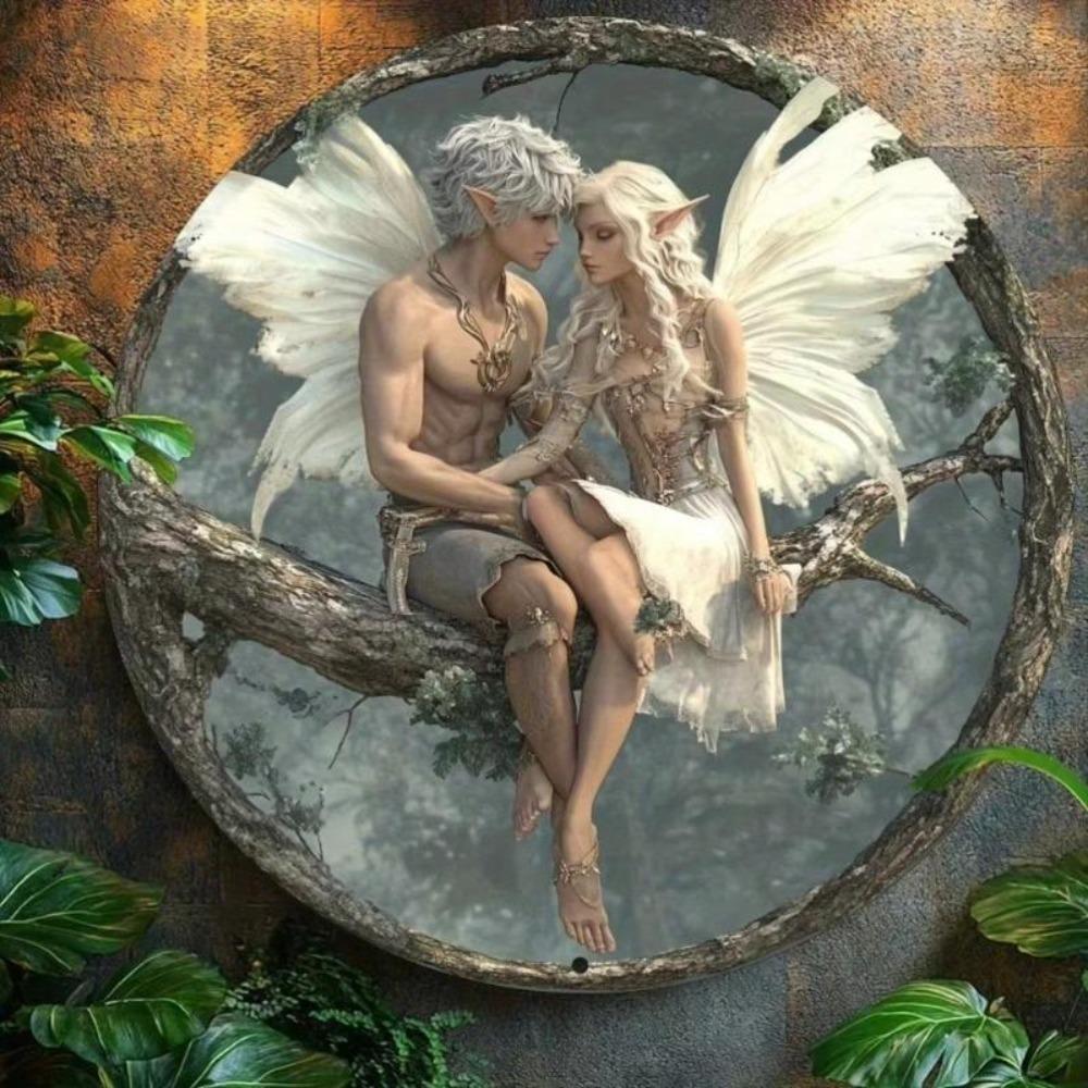 Metal Wall Art Fairy Floral Wreath Retro Couple Painting Aluminum Decor 2D Circular Forest Scene Hanging