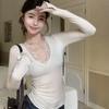 Women's Pure Desire Style Hot Girl V-neck Lace Stylish T-shirt with Velvet Bottom Tailored and Versatile Long Sleeve Top Women