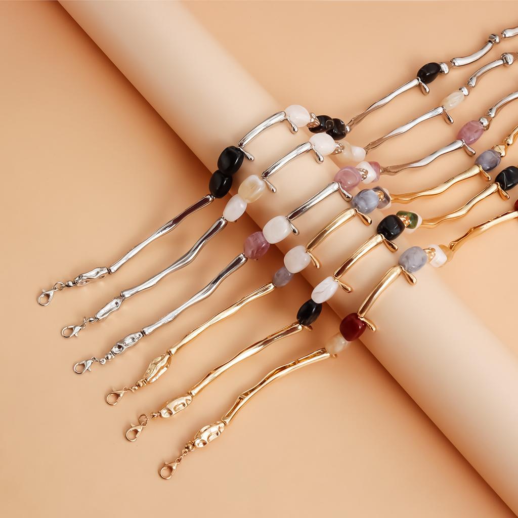 Vintage Bamboo Tube Metal Necklace Women Irregular Colorful Beaded Splicing Necklace Elegant Fashion Banquet Jewelry Accessories