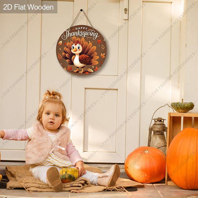Happy Thanksgiving Turkey Round Wooden Hanging Sign, Autumn Door Wall Decor