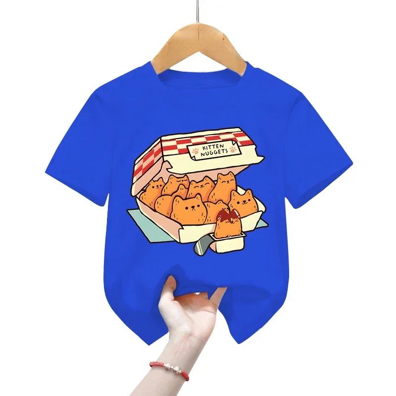 Kitten Nuggets Fast Food Cat T-Shirt Girls Tee Shirts Kids Fashion T-shirts Funny Cat Graphic Tops Cartoons Boys Shirts Clothes