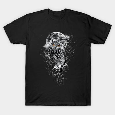 Ανδρικό Μαύρο T-shirt με Εκτύπωση Κουκουβάγιας Bw Εκτύπωση με Χαρτί Μεταφοράς Χωρίς Κόψιμο Βαμβακερό T-shirt