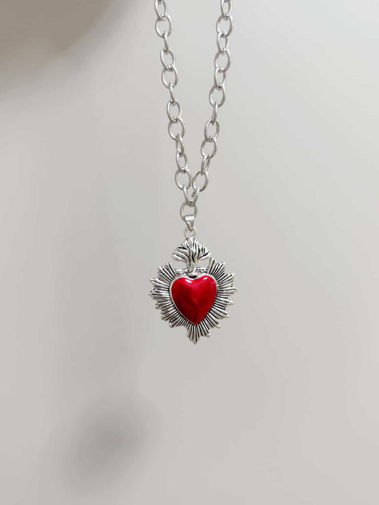 New Fashion Personality Handmade Silver Color Enamel Red Heart Pendant Necklace for Women Halloween Party Temperament Jewelry