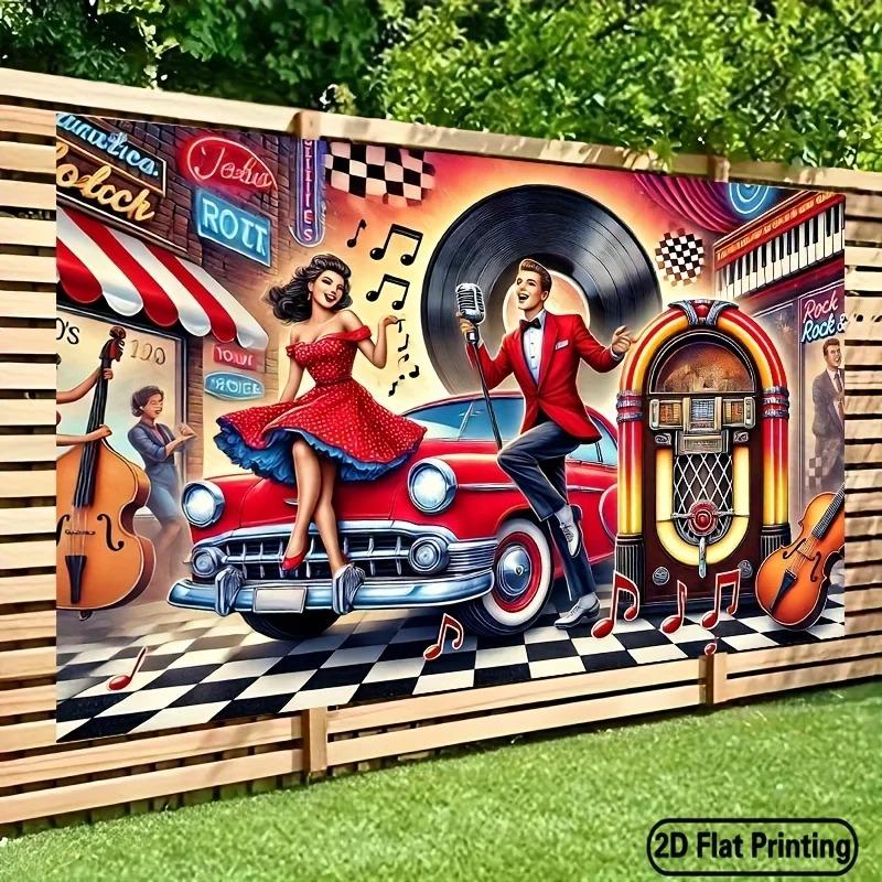 2D Flat Printed Vintage 1950s Rock And Roll Tapestry Peach Skin Classic Car Jukebox Wall Hanging Americana Retro Party Decor