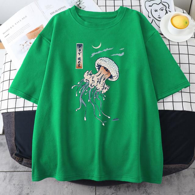 Swimming Colorful Jellyfish Print Mens Short Sleeve Japanese Harajuku O-Neck Tops All-math Oversize Vintage Man Cotton T-Shirts