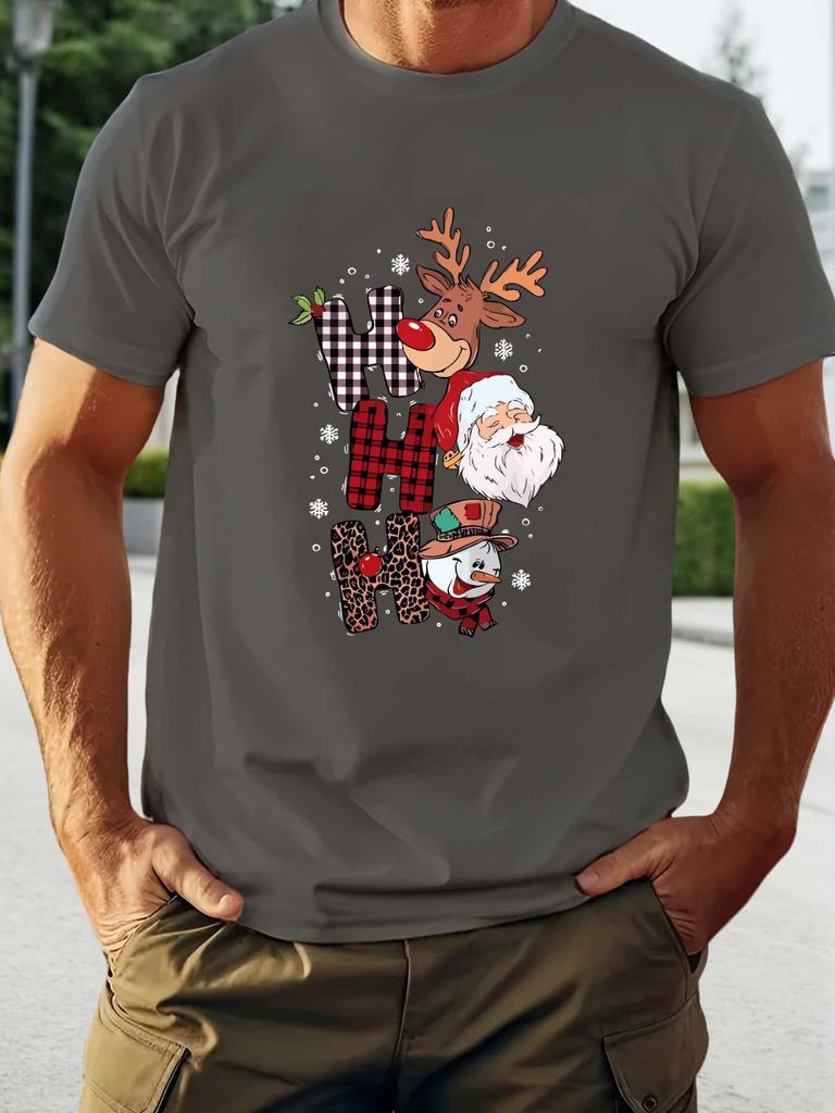 Herren Sommer Baumwoll Rundhals T-Shirt mit festlichem "Hohoho"-Design - Lässiges Kurzarm-Tee mit Weihnachtsmann