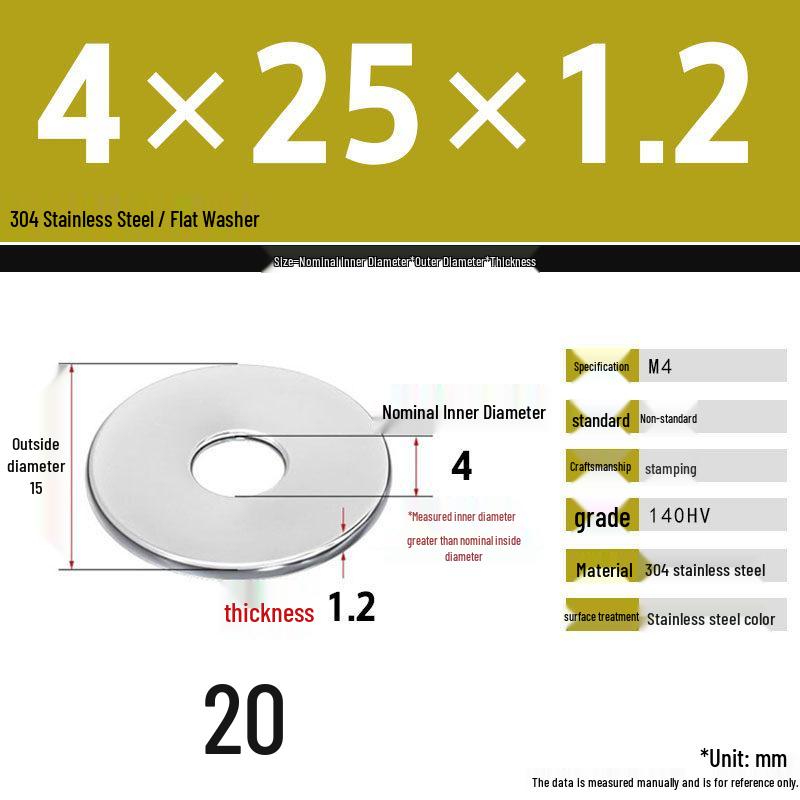 304 Stainless Steel Thickened Flat Washer Set, Sizes 2-36