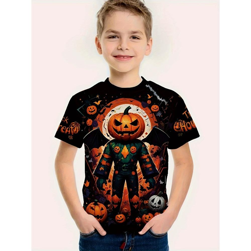 Children's Halloween Shark Pumpkin Printed Boys' T-shirt Short Sleeve Cartoon Pattern T-shirt Round Neck Children's Clothing