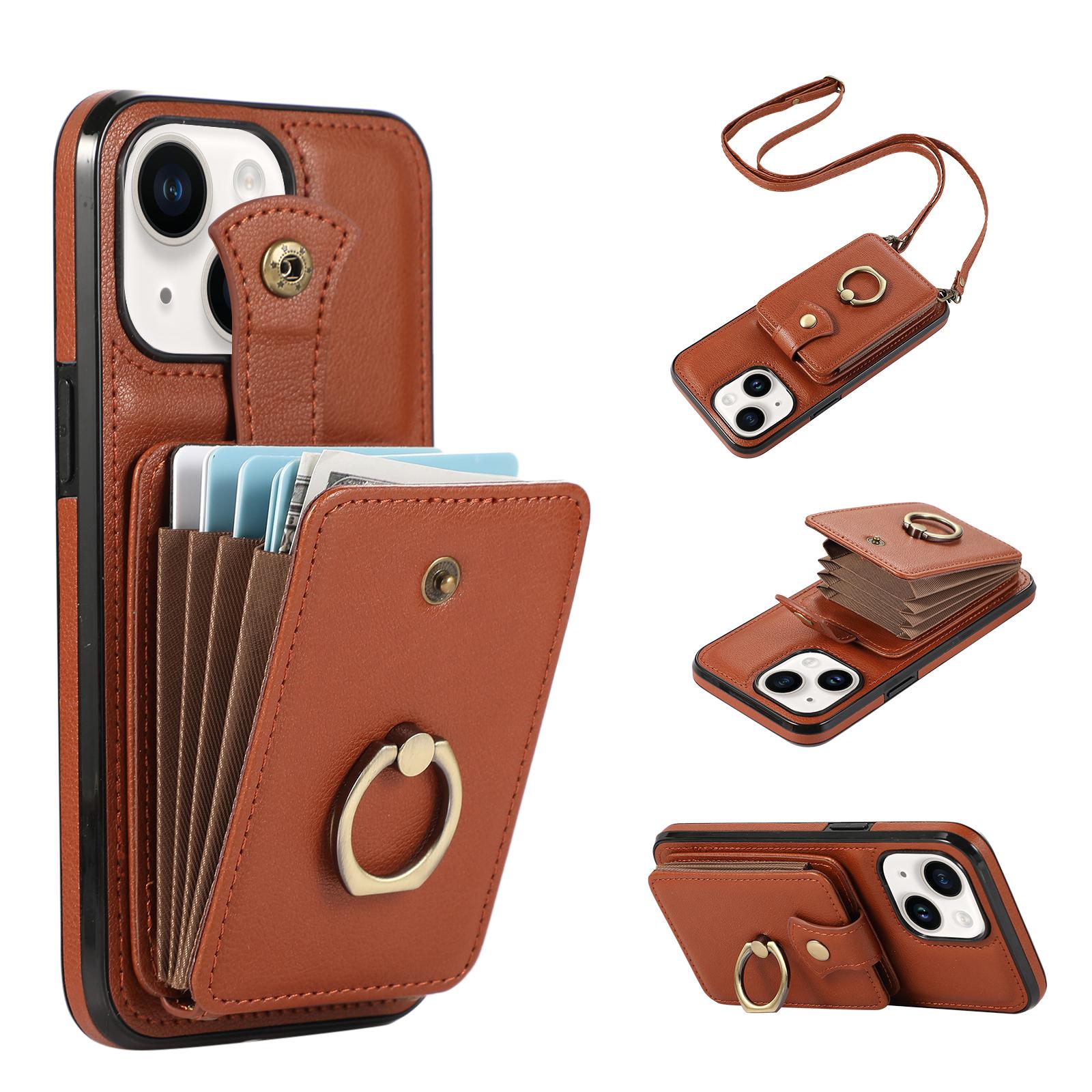 

For iPhone 15 Case Card Holder Ring Kickstand TPU + PU Leather Phone Cover with Long Strap D