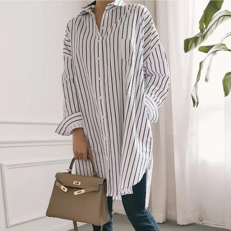 Women Spring Summer Loose Striped Shirt Medium Long Length Large Size New S