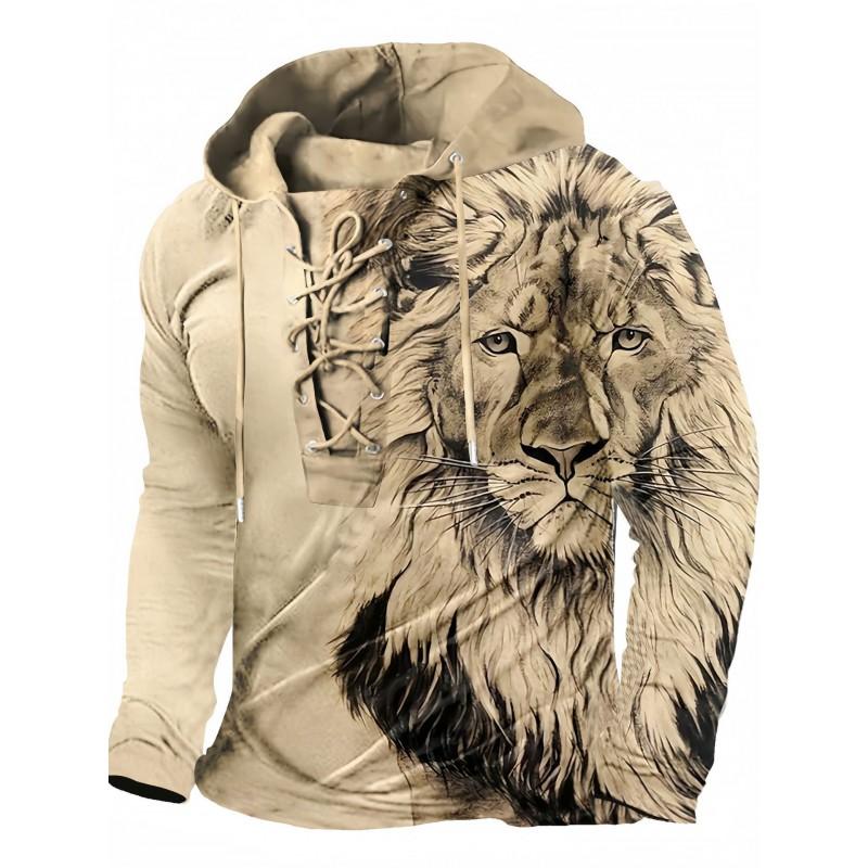 Herren Kapuzenpullover Lockerer Schnitt Mit 3D Digitalem Tierdruck Air Layer Stoff Langarm Freizeit Oberteil Alles