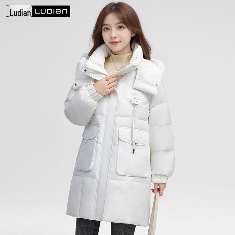 LUDIan Women s White Duck Down Winter Parka M