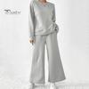 2 Pcs/Set Women Top Pants Suit Round Neck Long Sleeves Textured Solid Color Sweatshirt Elastic Waist Wide Leg Trousers Daily Wear Sport Outfit Fall