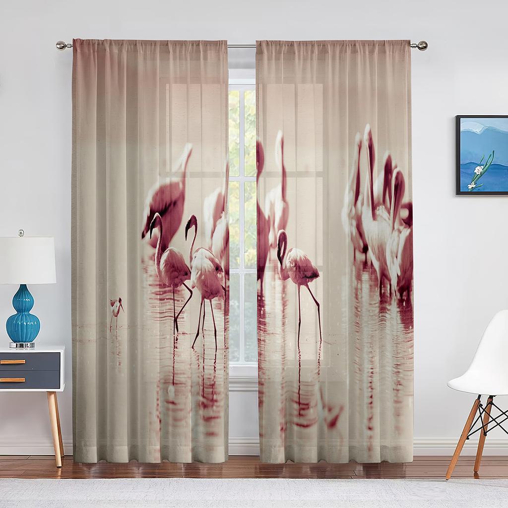 Flock Pink Flamingos In The Water Sheer Voile Curtains for Living Room Bedroom Kitchen Window Drapes Chiffon Tulle Curtain Decor