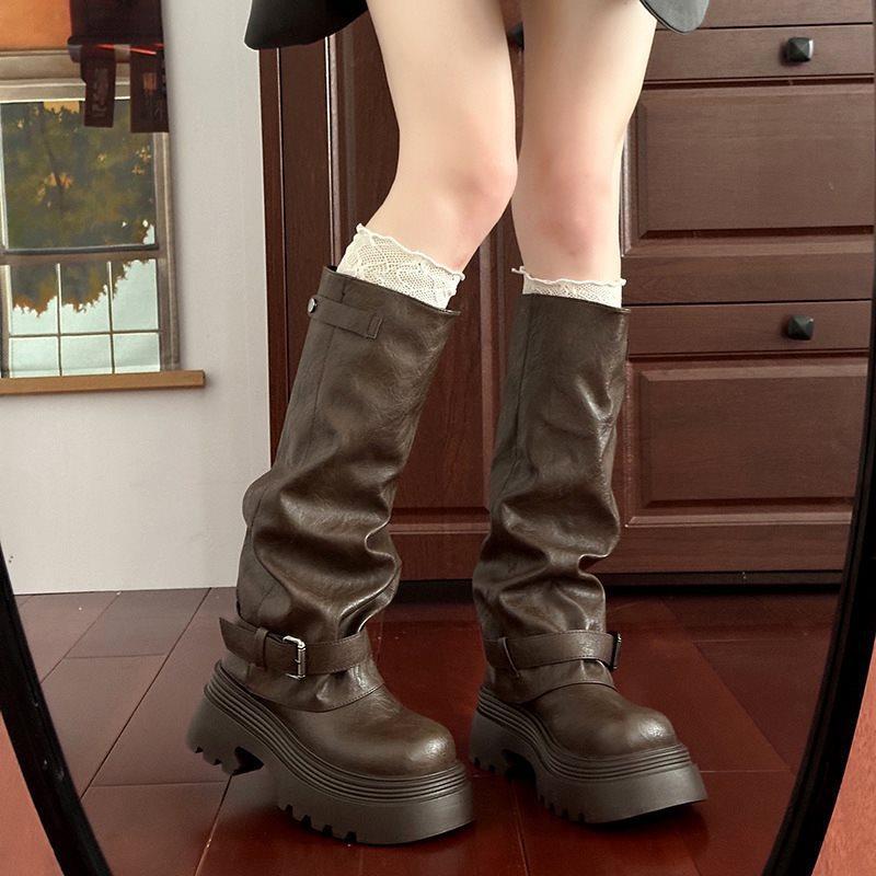 

Thick leg trousers heightened fat mm boots rad small man 2025 knight boots new long boots female beauty spring and autumn retro 39 коричневый