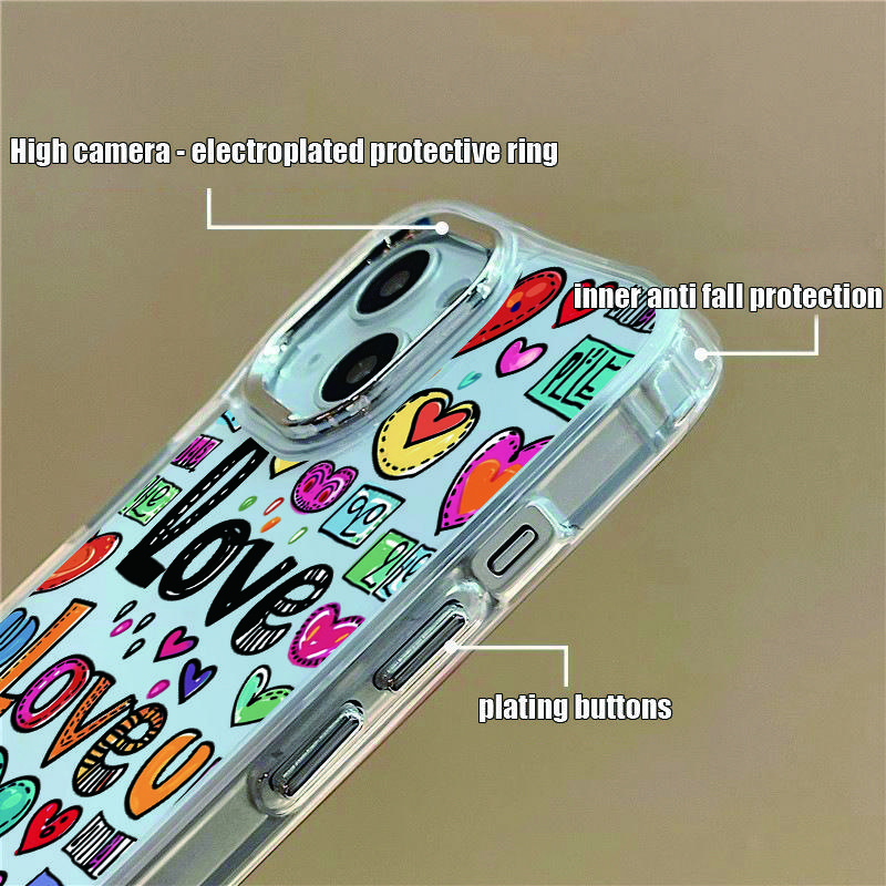 Fashion Colorful Love Hearts Print Clear Phone Case For iPhone 16 Pro Max 15 Plus 14 Pro 13 12 11 Plating Lens Protection Soft TPU Shockproof Cover