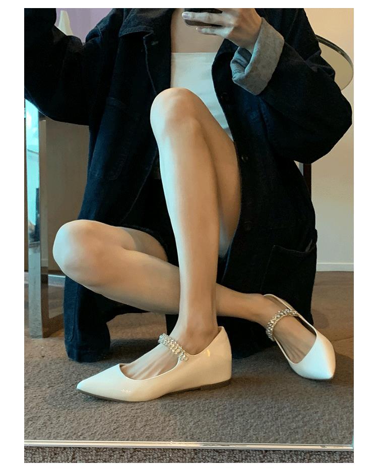 Sheepskin Version French Small Man Inner Height Increase Shoes Pointed Flat Sole Shoes Women's Rhinestone Word Belt Mary Jane Women's Shoes