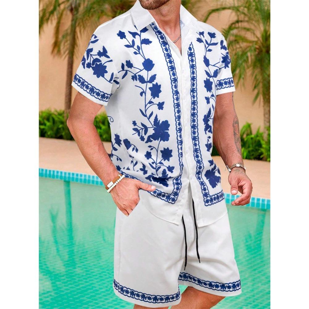 2024 New Men's Beach Wear 2-Piece Quick Drying Hawaiian Shirt and Shorts Set Summer Men's Fashion Striped Print Casual Wear