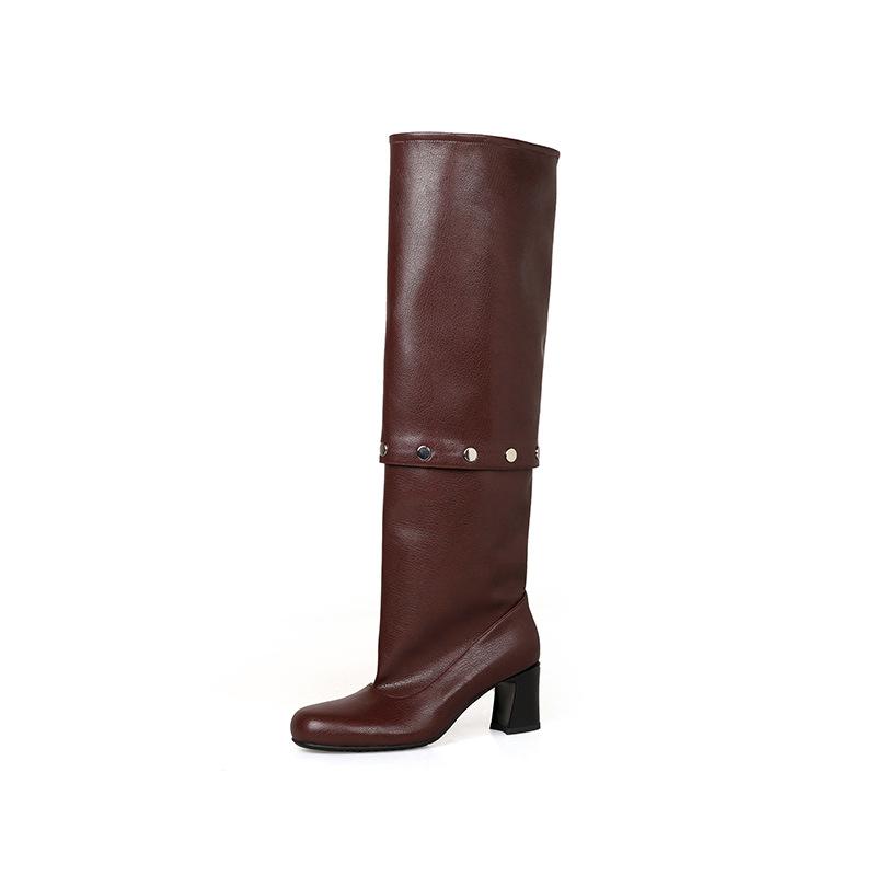 Foreign trade two wear removable knee boots 2025 new retro thick heel rivets thin leather high boots