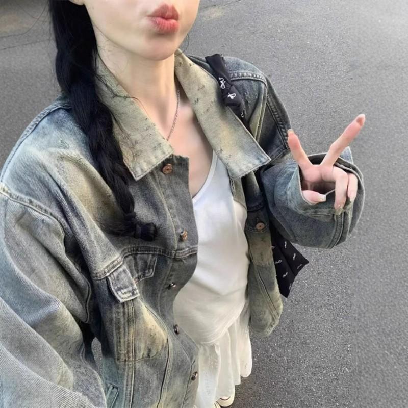 Womens Oversized Washed Denim Jacket Loose Fit Mid-Length Casual Chic Outerwear Fall