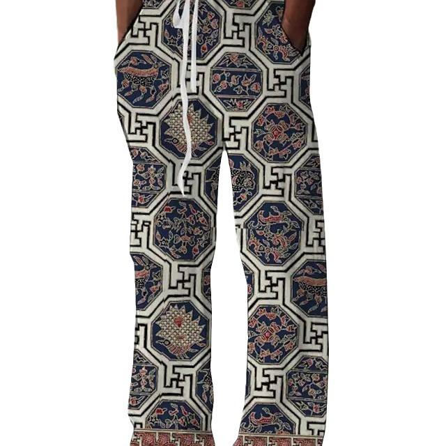 Men's Fashion Straight Leg Pants 3D Printed Drawstring Design Front Pocket Trousers Casual Everyday Printed Lounge Pants