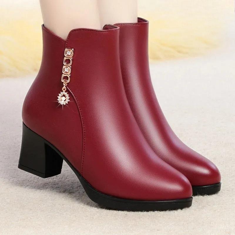 Duży Rozmiar 35-42 Damskie Zimowe Skórzane Buty Plus Aksamit Antypoślizgowe Krótkie Botki na Grubym Obcasie