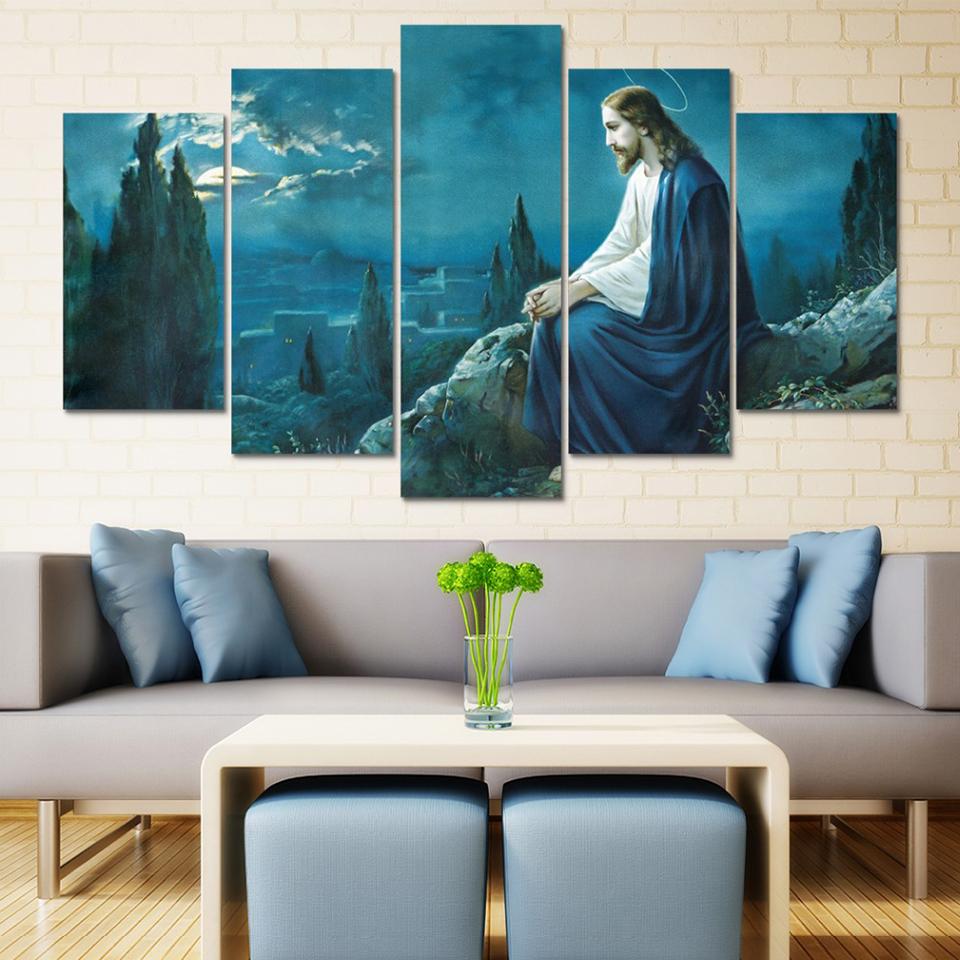 

5 Pieces Wall Arts Jesus Christ Canvas Set Christian Religion Wallpaper Home Decor Living Room Picture Print Bedroom Mural Gift 20X35 20X45 20X55CM