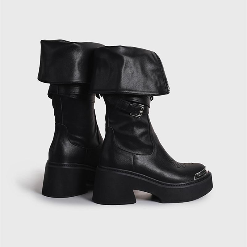 Fashion Autumn Winter Fashion Zipper Leather Women Knee-high Motorcycle Booties Casual Wedges Chunky High heels Knight Long Boots Shoes